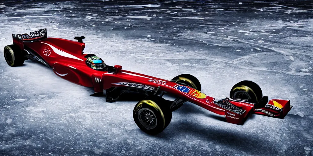 Prompt: F1 car racing over an ice lake, cinematic, epic, car shot