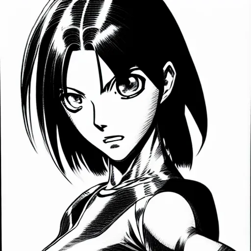 Image similar to alita by yukito kishiro. medium shot. black and white manga. pencil drawing. high detailed face