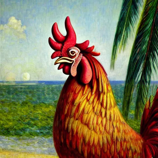 Image similar to a ultradetailed beautiful painting of a rooster in the amazonas palace balustrade designed by jules bastien - lepage, hans belmer, frank weston and gustave baumann, beach, trending on artstation, mediterranean, palm trees, refracted color sparkles, sharp focus, soft light, 8 k 4 k