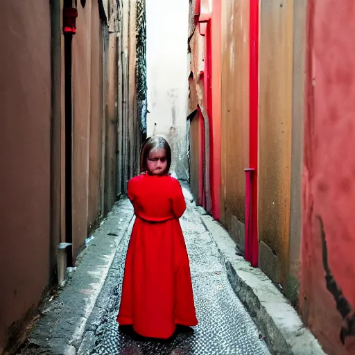 Prompt: a close - up of a young girl in a red dress standing in a narrow alleyway, looking down at the camera. her face is partially obscured by a red scarf, and she has a serious expression. the light is dim, and the colours are muted. kodak ektar 1 0 0.