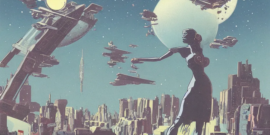 Image similar to vintage sci - fi, matte gouache illustration, gigantic woman speaking to floating cats in the air, cubes of ice around, a lot of tears, people crying, ominous, style by moebius