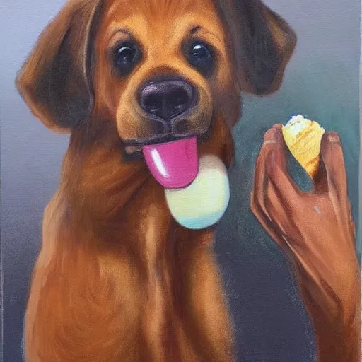 Image similar to painting of a dog eating ice cream