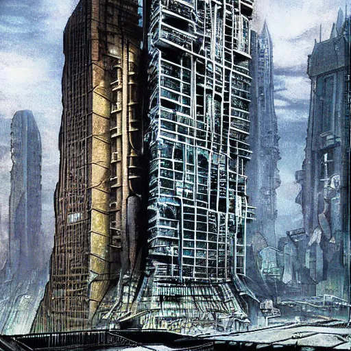 Image similar to “The plaza around the base of the megabuilding was being patrolled by Robocop ED-209. The tower was made of solid black metal and stone. Anime background artwork in the style of Akira. 2077 photo mode by Marc Simonetti, artwork by Ted Nasmith, Ted Nasmith and Marc Simonetti, 8K, D&D concept art, 2077 wallpaper”