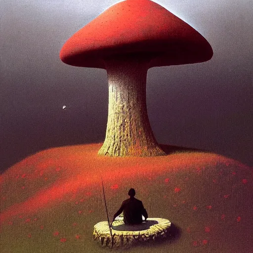 Prompt: a man sitting on top of a giant mushroom by Zdzislaw Beksinski