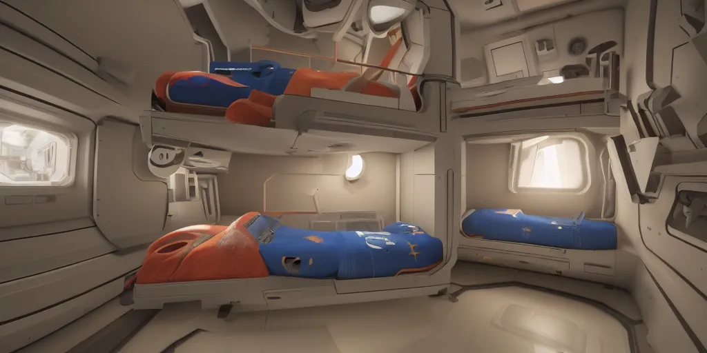 Prompt: Room of a spacecraft, with a bunk bed, warm tones, lights, gloom and lights, photo realistic, playing, CGI, Unreal Engine, Hdri