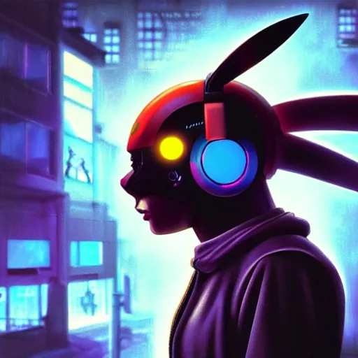 Image similar to Side view of a Pikachu cyborg demon in cyberpunk headset and helmet on the street of a cyberpunk city, sci-fi, fantasy, intricate, very very beautiful, elegant, highly detailed, digital painting, artstation, concept art, smooth, sharp focus, illustration, concept art by Josan Gonsales and James Gurney and Mœbius