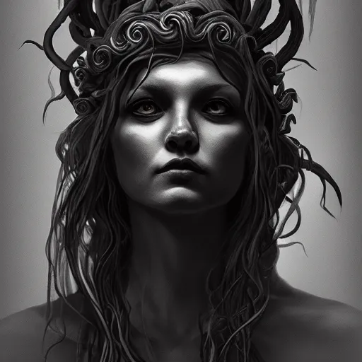 Prompt: dark portrait of medusa, high detail concept art, dark fantasy, backlight, atmospheric, trending on artstation