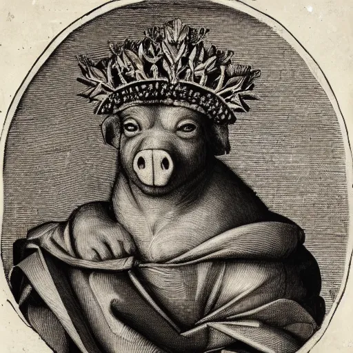 Image similar to a renaissance style portrait of a wild pig wearing a crown and a cape, dark background