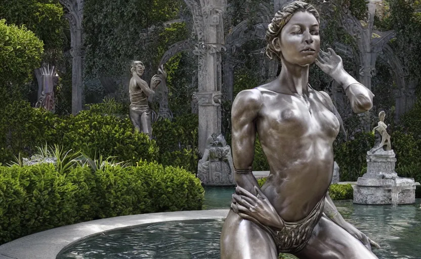 Prompt: The kneeling statue of a woman in a beautiful garden, next to a fountain and a mystical palace, hyperrealistic mixed media, stunning 3d render inspired art by P. Craig Russell and Barry Windsor-Smith + perfect facial symmetry + dim volumetric lighting, 8k octane beautifully detailed render, post-processing, extremely hyperdetailed, intricate futuristic mechanic parts, epic composition, grim yet sparkling atmosphere, cinematic lighting + masterpiece, trending on artstation