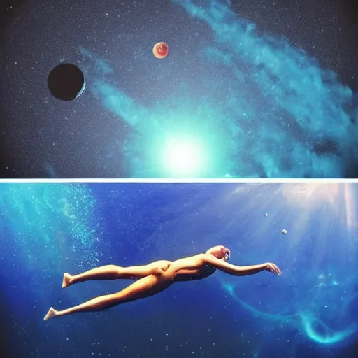 Prompt: professional swimmer swimming in outer space. stunning planets and galaxies in the background.