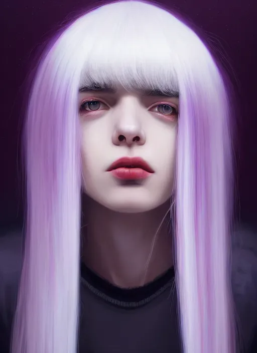 Image similar to hair whitebangs hair, black hair, whitebangs, portrait of teenage girl with white bangs, red irises, purple clothes, white bangs, bangs are different color from hair, intricate, elegant, glowing lights, highly detailed, digital painting, artstation, concept art, smooth, sharp focus, illustration, art by wlop, mars ravelo and greg rutkowski