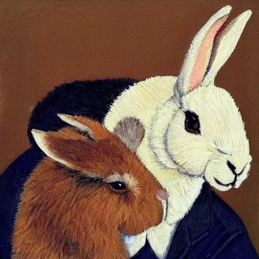 Prompt: a rabbit lovingly kissing a realistic alpaca's cheek in the style of gifford beal