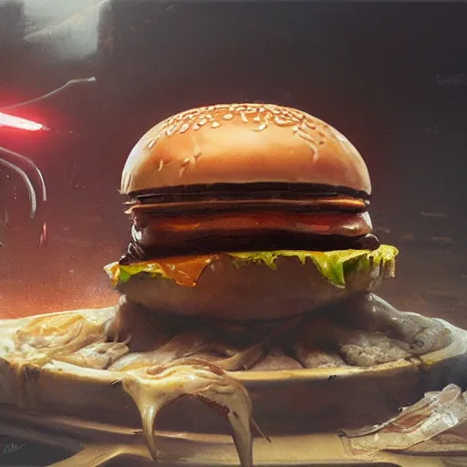 Prompt: hyper realistic hamburger as a xenomorph, painted by greg rutkowski