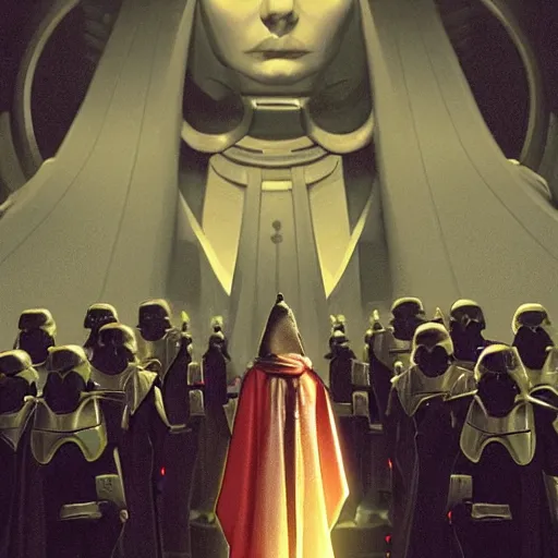 Prompt: Queen Amidala addressing the Galactic Senate in Star Wars Episode 1, partly in the style of Sergeant, partly in the style of Ruan Jia, trending on artstation, high detail, masterpiece