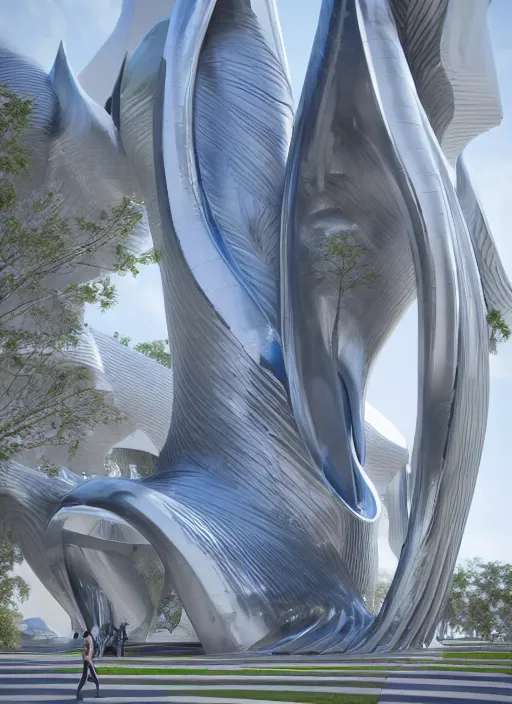 Image similar to highly detailed architecture 3 d render of a huge high futuristic metallic stele sculpture in zaha hadid style standing in city park, archdaily, made in unreal engine 4