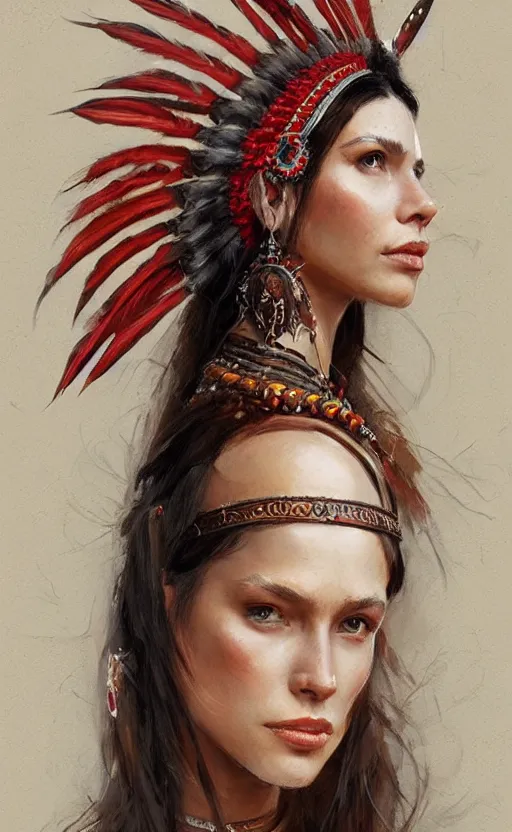 Image similar to gorgeous redskin woman wearing headdress, intricate, elegant, highly detailed, artstation, concept art, smooth, sharp focus, illustration, art by stefan kostic and greg rutkowski