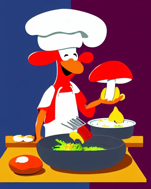 Image similar to an anthropomorphic mushroom chef cooking a meal, fantasy cartoon illustration, bold colors, simple shapes, trending on artstation