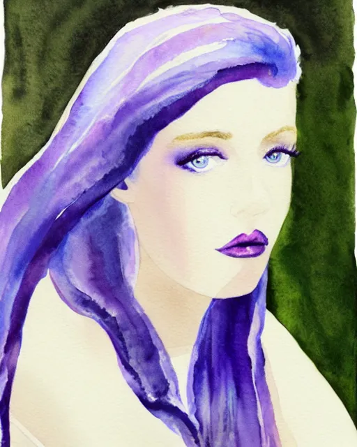 Image similar to watercolor picture of a beautiful young woman in white dress, looking back at the camera, blue eyes, purple hair, high key, watercolor