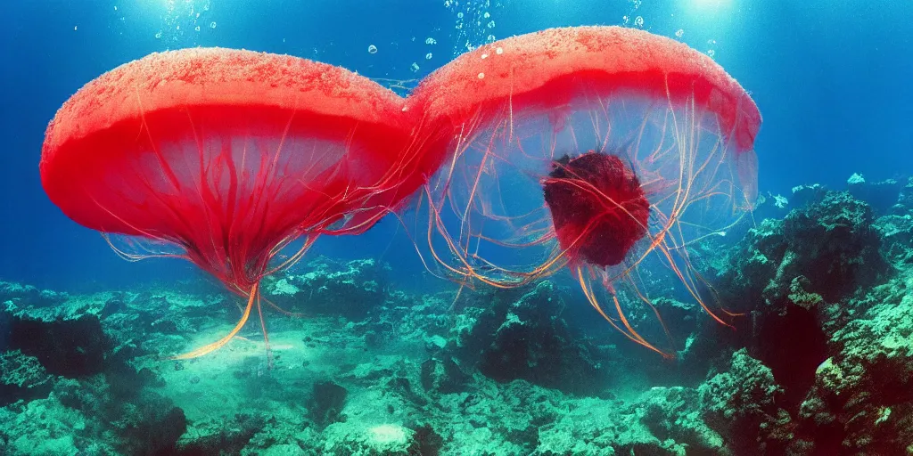 Prompt: full - length professional photo underwater landscape with a big flying jellyfish, rgb 1 9 4, 1 9 0, 1 8 9 colors, ultra high detailed, rgb 2 3 6, 2 3 9, 2 5 5 volumetric lightning, photo by, jacques - yves cousteau