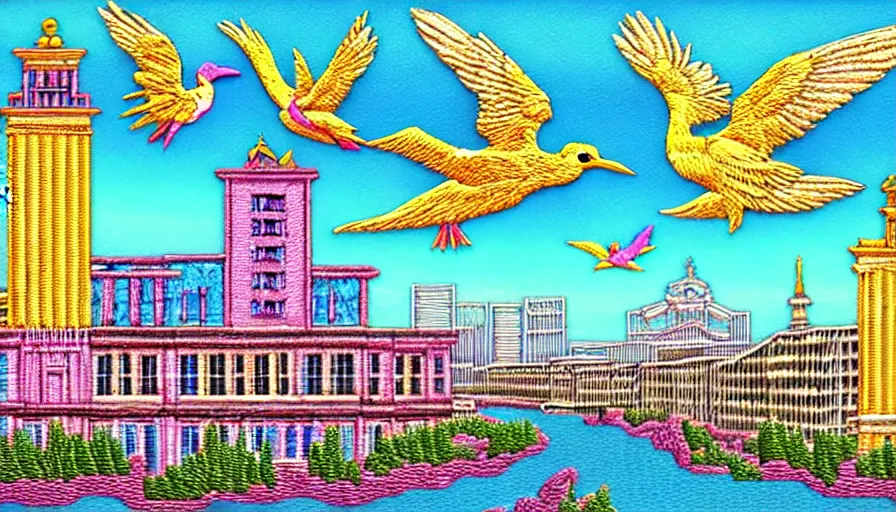 Prompt: HDR high resolution HD sharp 8x. building along a river, seen from the long distance. maximalist paper and baroque embroidery fabric collage. huge flamish baroque birds flying. childrenbook illustration in interesting unusual pastel tones. matte background.