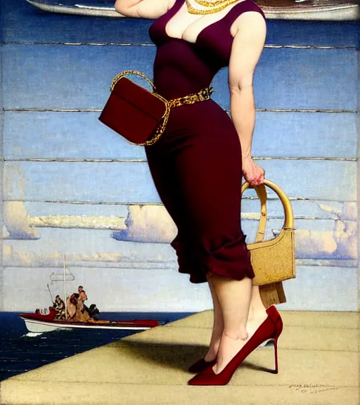 Prompt: a fancy beautiful plump young lady holding a purse standing on a wharf at the edge of the sea by brom and gil elvgren and jean delville and william blake and norman rockwell, crisp details, hyperrealism, smiling, happy, feminine facial features, stylish navy blue heels, gold chain belt, cream colored blouse, maroon hat, windblown