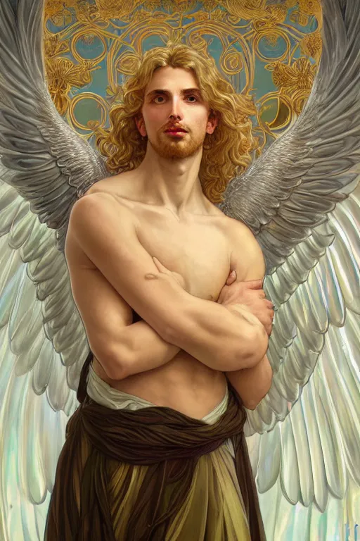 Prompt: full figure portrait of a beautiful young fit male angel with curly blond hairs, detailed face, dressed with long fluent clothes, majestic symmetrical eagle wings, luminous halo, by greg rutkowski and alphonse mucha, gradient white to gold, in front of an iridescent background, highly detailed portrait, digital painting, artstation, concept art, smooth, sharp focus illustration