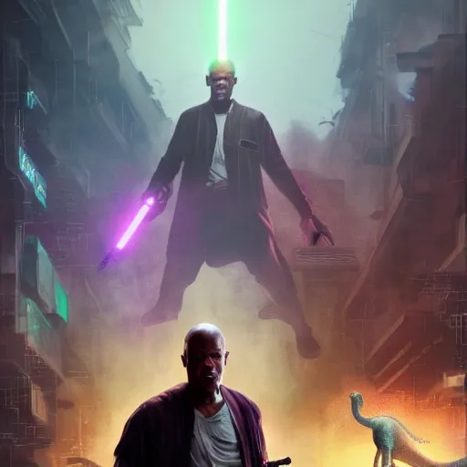 Prompt: a realistic portrait of mace windu holding a lightsaber fighting a group of dinosaurs in a destroyed cyberpunk city with lasers flying through the air by greg rutkowski