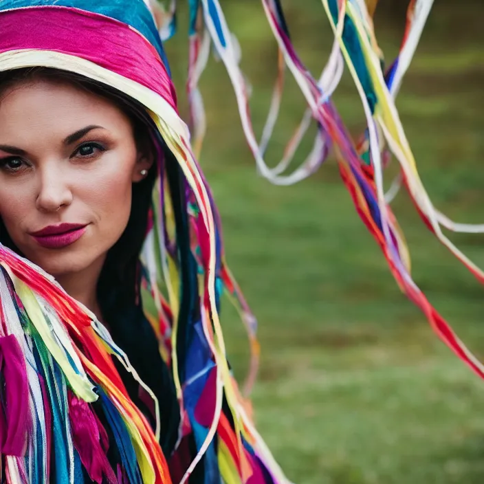 Image similar to a closeup portrait of a woman wearing a cloak made of ribbons, staring at an empty swing playground, claymation, canon eos c 3 0 0, ƒ 1. 8, 3 5 mm, 8 k, medium - format print