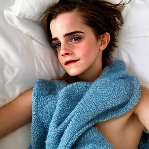 Prompt: emma watson in bed, under a white blanket, bare shoulders, freckles, no makeup, no filter, natural skin, messy hair, sleepy, smiling sheepishly