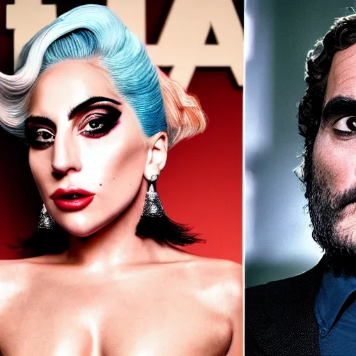 Prompt: detailed 4 k photorealistic lady gaga and joaquin phoenix talk each other, some detailed footage in next joker movie in the style of nick ut and eddie adams and margaret bourke and yousuf karshs and alfred eisenstaedt