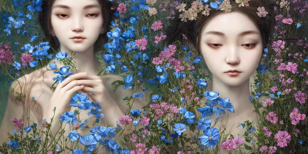 Image similar to breathtaking detailed concept art painting of the goddess of nemophila flowers, orthodox saint, with anxious, piercing eyes, ornate background, amalgamation of leaves and flowers, by Hsiao-Ron Cheng, James jean, Miho Hirano, Hayao Miyazaki, extremely moody lighting, 8K