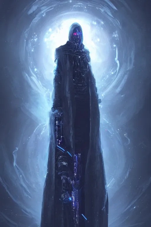 Image similar to a full body portrait of a mysterious cybernetic wizard with a very long hooded cloak made of stars and clouds, by maciej kuciara and jason chan, ominous, cosmic horror, trending on artstation, ultra detailed, hyper realistic 4 k, volumetric light