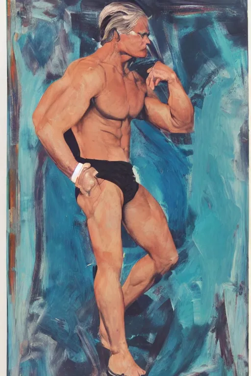 Prompt: thick paint brush strokes of a thin athletic male physique doing pullup, matte paint colors, james nares, willem de kooning