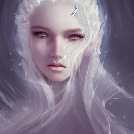 Image similar to beautiful girl, whimsical portrait, ice magic, long face, sharp features, dark hair, dark robe, intricate, elegant, highly detailed, cgsociety, trending on artstation, dnd, castle background, warm light, concept art, illustration