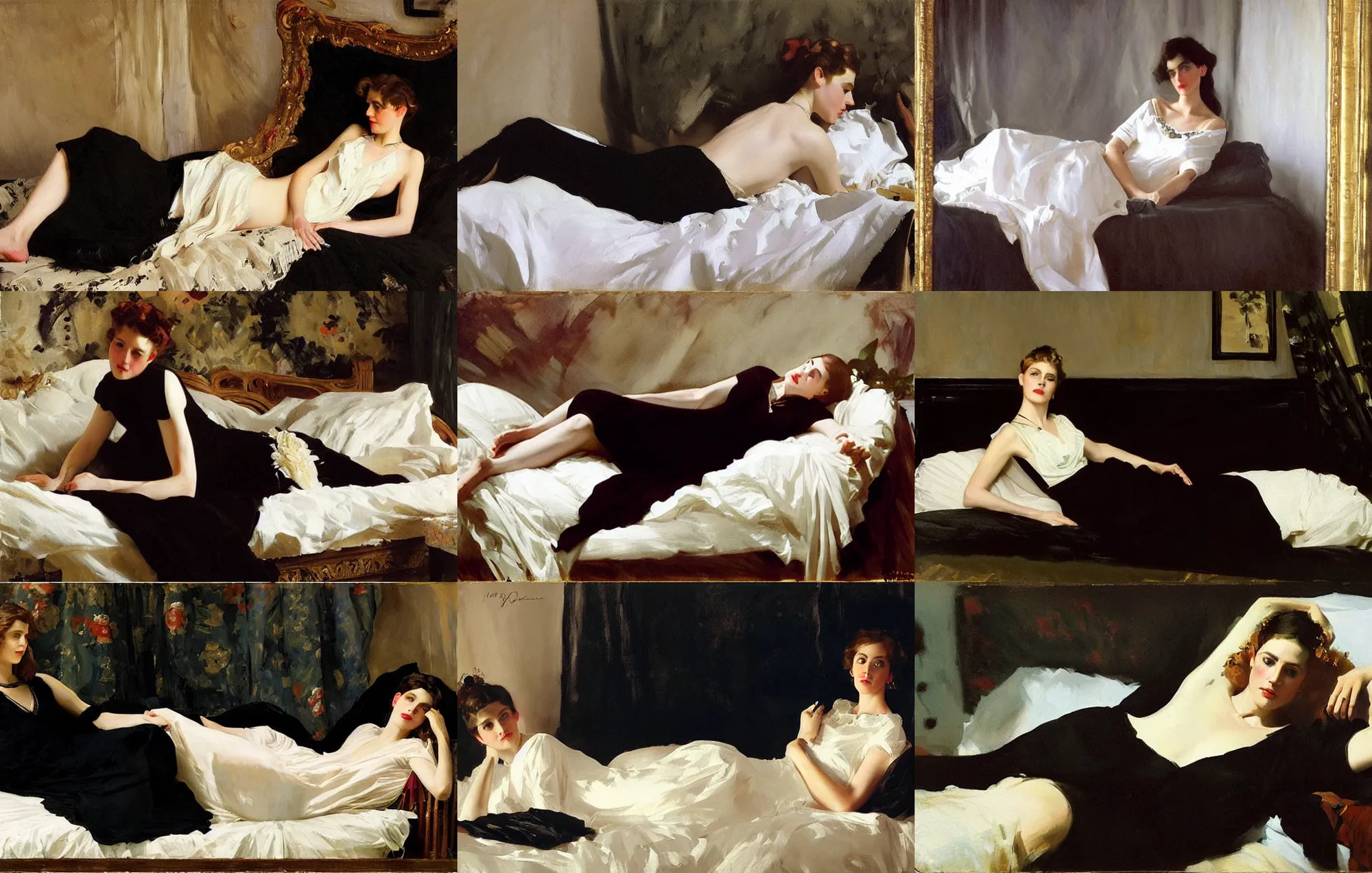 Prompt: painting by sargent and leyendecker and gregory crewdson. boho girl in black dress lying on white bed.