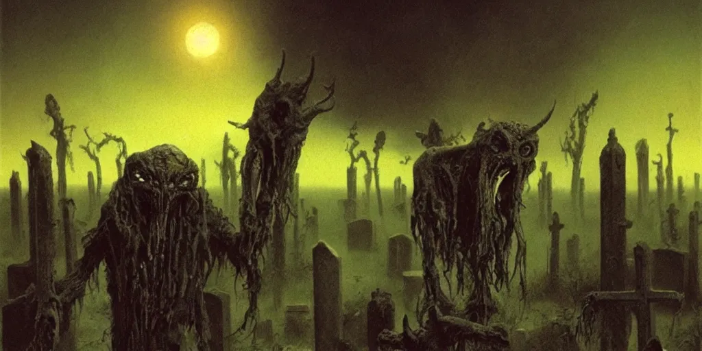 Image similar to demonic alien with long fingers surrounded by tombstones and floating cows, Beksinski