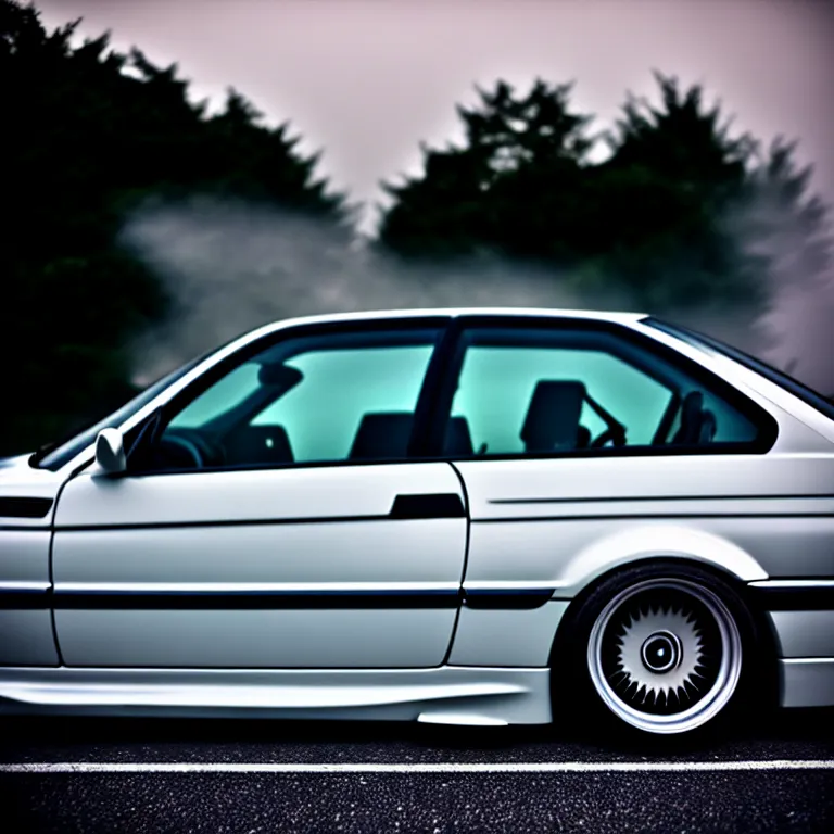 Image similar to close-up-photo BMW E36 turbo illegal meet, work-wheels, Gunma prefecture, misty at night, cinematic color, photorealistic, high detailed deep dish wheels, highly detailed, custom headlights, subtle neon underlighting