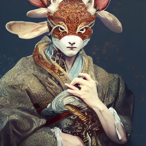 Prompt: a photorealistic dramatic fantasy render of a handsome man wearing a beautiful intricately detailed japanese rabbit kitsune mask and clasical japanese kimono by wlop, artgerm, greg rutkowski, alphonse mucha, beautiful dynamic dramatic dark moody lighting, shadows, cinematic atmosphere, artstation, concept design art, octane render, 8 k