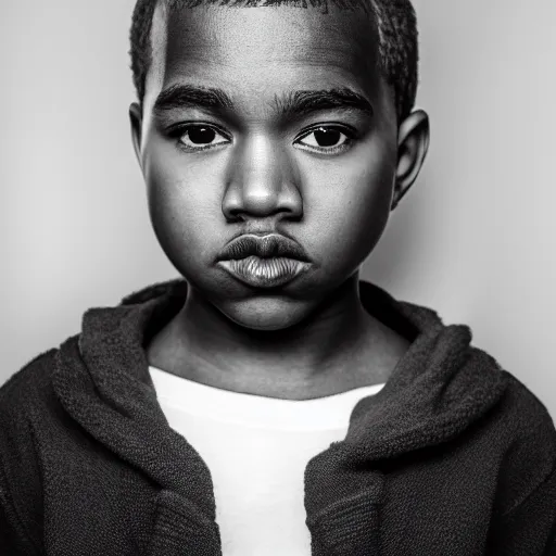 Image similar to the face of young kanye west wearing yeezy clothing at 1 3. 5 years old, black and white portrait by julia cameron, chiaroscuro lighting, shallow depth of field, 8 0 mm, f 1. 8