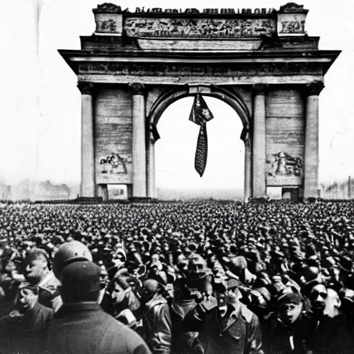 Prompt: black and white photograph of adolf hitler at the triumphal arch victorious after winning the 2 nd world war, while enslaved and chained blacks are seen through the streets under the watchful eye of nazi troops