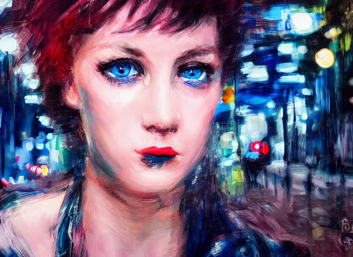 Image similar to detailed portrait of a punk girl with blue eyes in the city street at night, bokeh, long exposure, painting by giovanni boldini christopher doyle