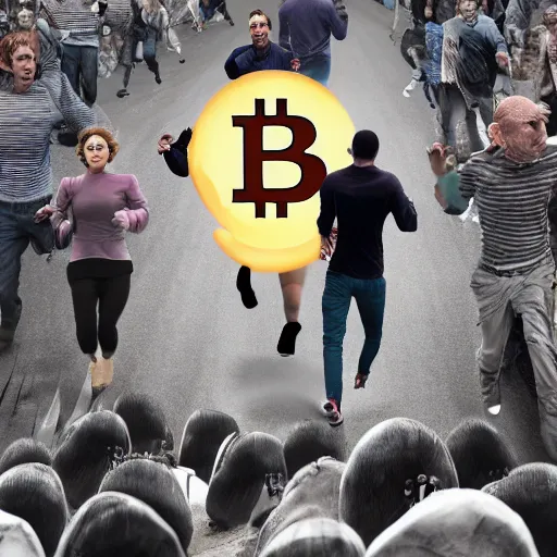 Image similar to people running away scared from a giant with bitcoin head, cinematic, sci-fi art, hyper-realistic, 8k