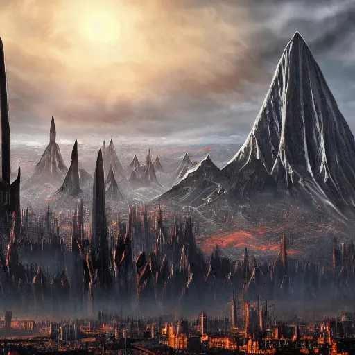 Prompt: mordor as a bustling city, highly detailed, sharp focus, skyline, vast, gothic, lord of the rings, mount doom, 4 k, fantasy