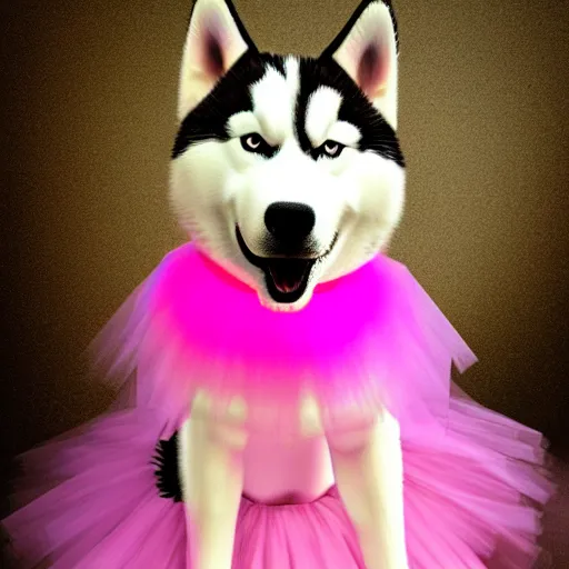 Prompt: very fat siberian husky with a derpy expression, wearing a pink tutu, award winning, digital art, realism, dramatic lighting, bokeh, high detail, 8k