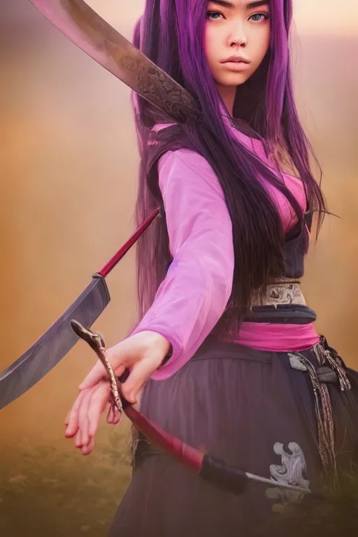 Image similar to highly detailed beautiful photo of madison beer as a young female samurai, practising sword stances, symmetrical face, beautiful eyes, pink hair, realistic anime art style, 8 k, award winning photo, pastels colours, action photography, 1 / 1 2 5 shutter speed, sunrise lighting