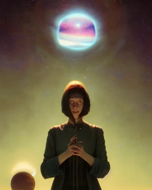 Image similar to highly detailed surreal vfx portrait of a futuristic mage in a rural farm with planets in background, stephen bliss, unreal engine, greg rutkowski, loish, rhads, beeple, makoto shinkai and lois van baarle, ilya kuvshinov, rossdraws, tom bagshaw, alphonse mucha, global illumination, detailed and intricate environment