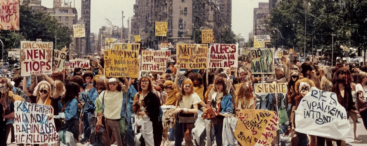 Image similar to hippies protesting with spaghetti signs, 1 9 6 0's,, high detail, canon 5 0 mm, wes anderson film, kodachrome