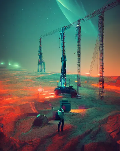 Prompt: a glowing female spirit cries out in agony. drilling rigs bore into the earth in the background. wide shot, detailed, sharp, 8 k, digital art by beeple.