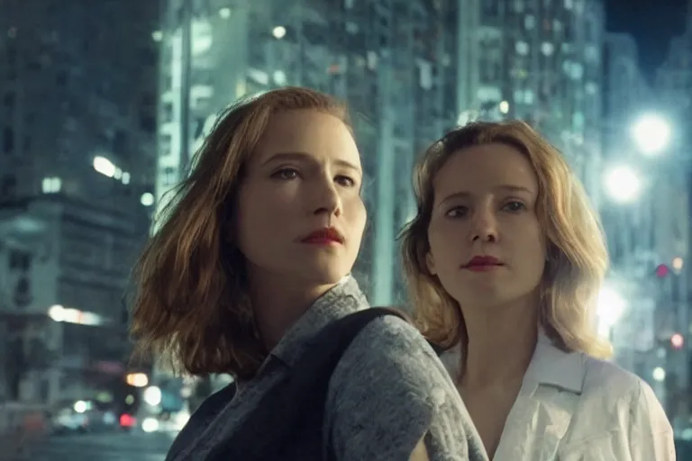 Image similar to movie powerful lesbian hero couple closeup, DC Marvel fashion, VFX powers at night in the city, city street, beautiful skin, natural lighting by Emmanuel Lubezki