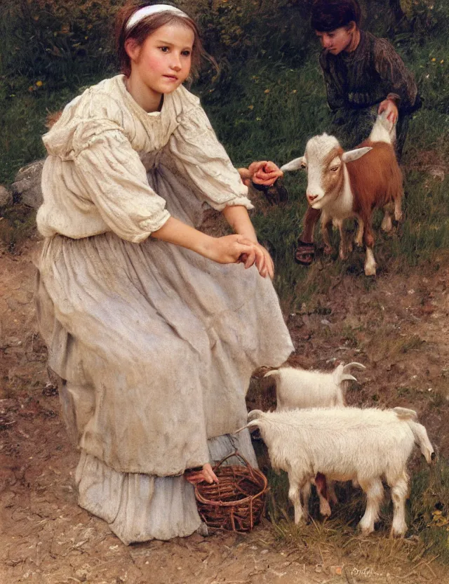 Image similar to portrait of little peasant girl petting a goat, cottage core, polaroid photo bleached vintage pastel colors high - key lighting, soft lights, foggy, by steve hanks, by lisa yuskavage, by serov valentin, by tarkovsky, 8 k render, detailed, oil on canvas